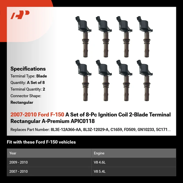 2007-2010 Ford F-150 A Set of 8-Pc Ignition Coil 2-Blade Terminal Rectangular A-Premium APIC0118