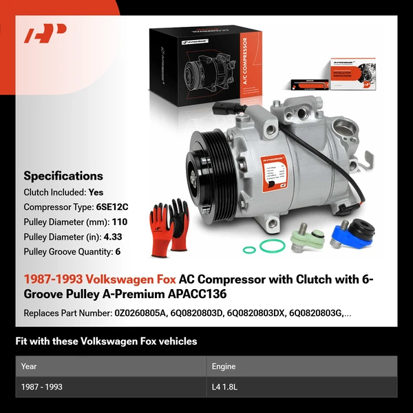 1987-1993 Volkswagen Fox AC Compressor with Clutch with 6-Groove Pulley A-Premium APACC136