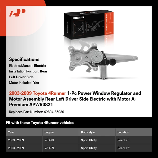 2003-2009 Toyota 4Runner 1-Pc Power Window Regulator and Motor Assembly Rear Left Driver Side Electric with Motor A-Premium APWR0821