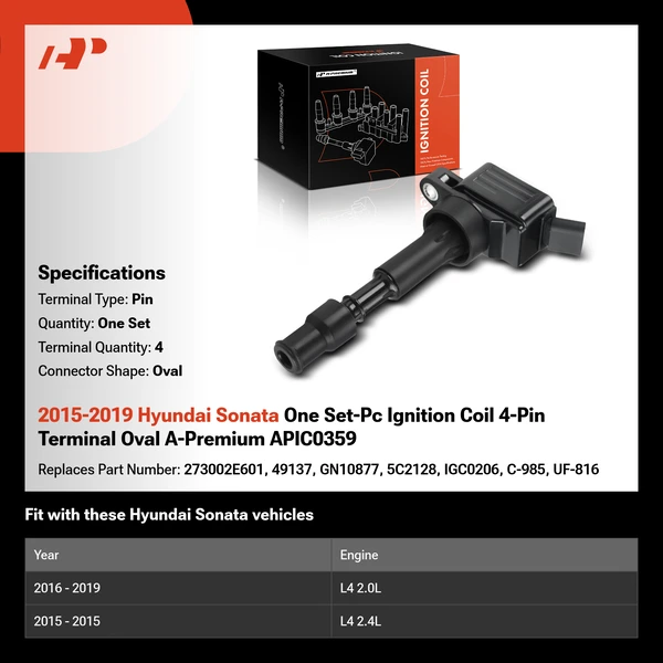 2015-2019 Hyundai Sonata One Set-Pc Ignition Coil 4-Pin Terminal Oval A-Premium APIC0359