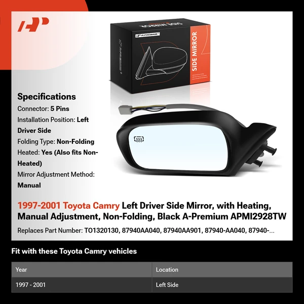 1997-2001 Toyota Camry Left Driver Side Mirror, with Heating, Manual Adjustment, Non-Folding, Black A-Premium APMI2928TW