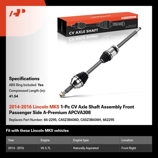 2014-2016 Lincoln MKS 1-Pc CV Axle Shaft Assembly Front Passenger Side A-Premium APCVA308