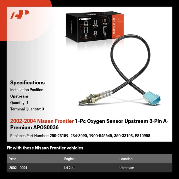 2002-2004 Nissan Frontier 1-Pc Oxygen Sensor Upstream 3-Pin A-Premium APOS0036