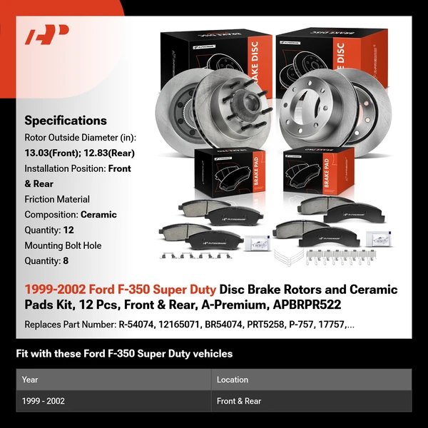 1999-2002 Ford F-350 Super Duty Disc Brake Rotors and Ceramic Pads Kit, 12 Pcs, Front & Rear, A-Premium, APBRPR522