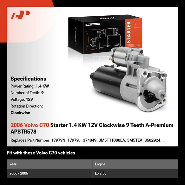 2006 Volvo C70 Starter 1.4 KW 12V Clockwise 9 Teeth A-Premium APSTR578