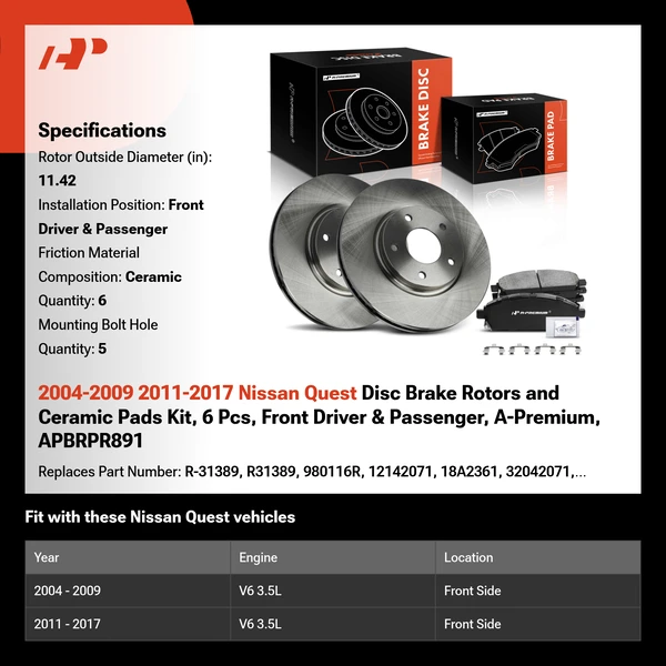 2004-2009 2011-2017 Nissan Quest Disc Brake Rotors and Ceramic Pads Kit, 6 Pcs, Front Driver & Passenger, A-Premium, APBRPR891