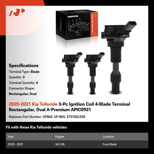 2020-2021 Kia Telluride 3-Pc Ignition Coil 4-Blade Terminal Rectangular, Oval A-Premium APIC0931