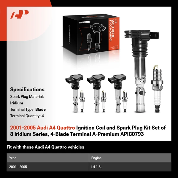 2001-2005 Audi A4 Quattro Ignition Coil and Spark Plug Kit Set of 8 Iridium Series, 4-Blade Terminal A-Premium APIC0793