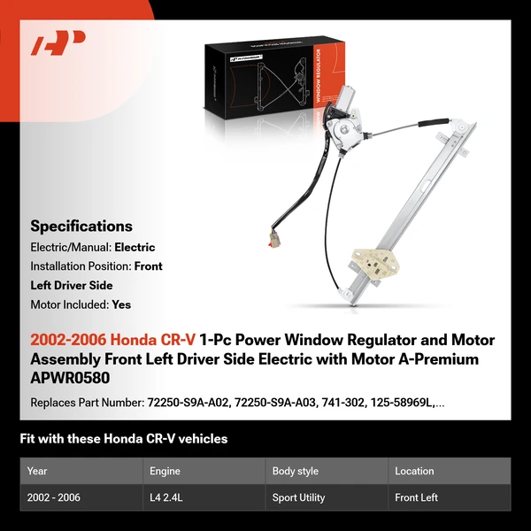 2002-2006 Honda CR-V 1-Pc Power Window Regulator and Motor Assembly Front Left Driver Side Electric with Motor A-Premium APWR0580