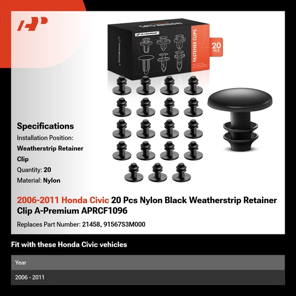 2006-2011 Honda Civic 20 Pcs Nylon Black Weatherstrip Retainer Clip A-Premium APRCF1096