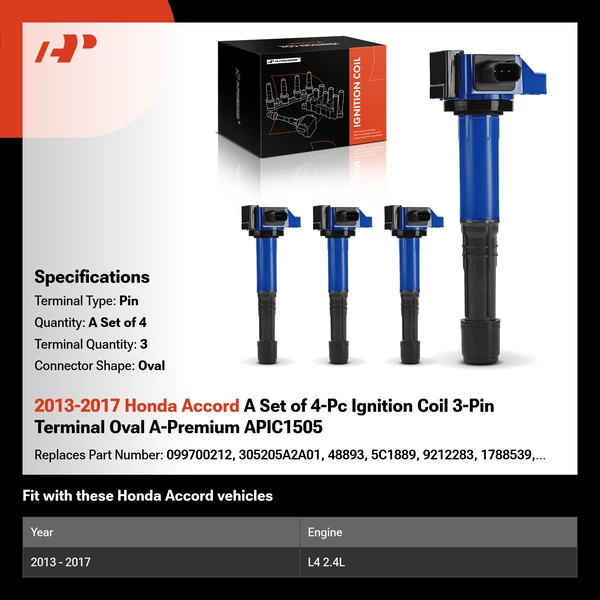 2013-2017 Honda Accord A Set of 4-Pc Ignition Coil 3-Pin Terminal Oval A-Premium APIC1505