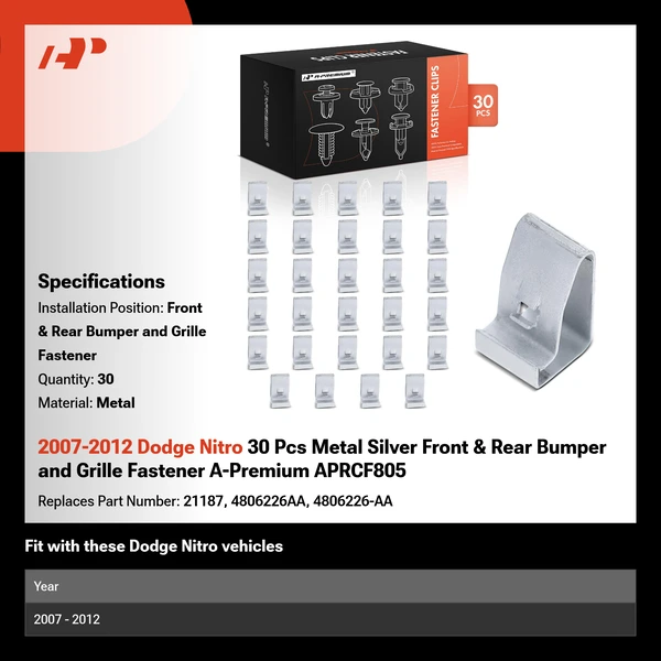 2007-2012 Dodge Nitro 30 Pcs Metal Silver Front & Rear Bumper and Grille Fastener A-Premium APRCF805