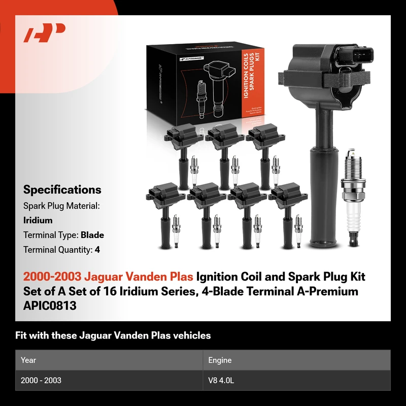 2000-2003 Jaguar Vanden Plas Ignition Coil and Spark Plug Kit Set of A Set of 16 Iridium Series, 4-Blade Terminal A-Premium APIC0813