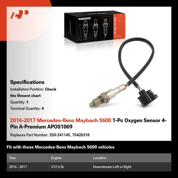 2016-2017 Mercedes-Benz Maybach S600 1-Pc Oxygen Sensor 4-Pin A-Premium APOS1069