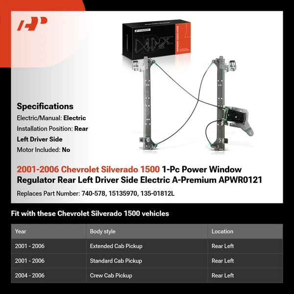 2001-2006 Chevrolet Silverado 1500 1-Pc Power Window Regulator Rear Left Driver Side Electric A-Premium APWR0121