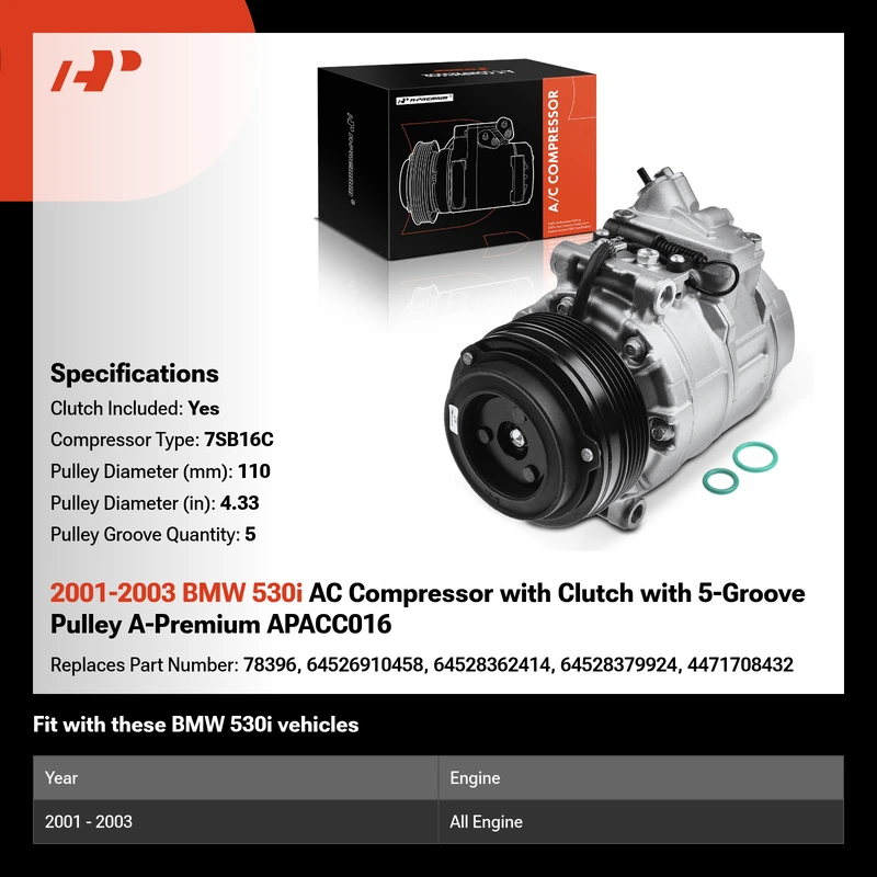 2001-2003 BMW 530i AC Compressor with Clutch with 5-Groove Pulley A-Premium APACC016