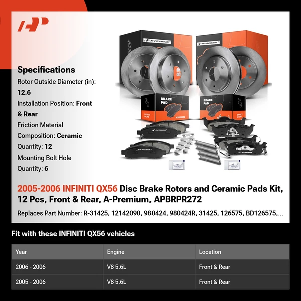 2005-2006 INFINITI QX56 Disc Brake Rotors and Ceramic Pads Kit, 12 Pcs, Front & Rear, A-Premium, APBRPR272