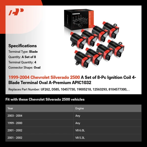 1999-2004 Chevrolet Silverado 2500 A Set of 8-Pc Ignition Coil 4-Blade Terminal Oval A-Premium APIC1032