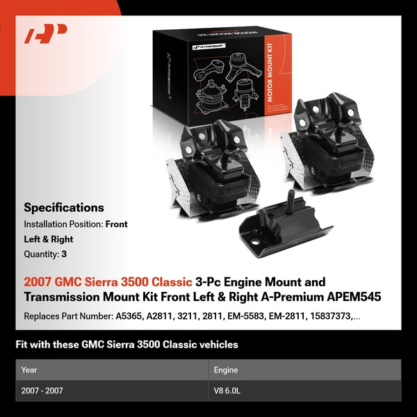 2007 GMC Sierra 3500 Classic 3-Pc Engine Mount and Transmission Mount Kit Front Left & Front Right A-Premium APEM545