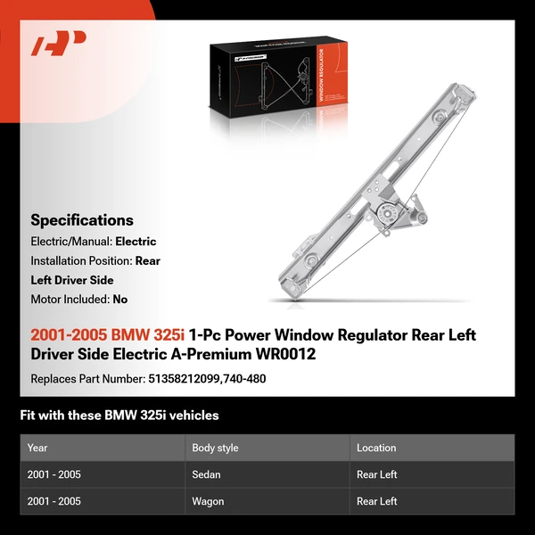 2001-2005 BMW 325i 1-Pc Power Window Regulator Rear Left Driver Side Electric A-Premium WR0012