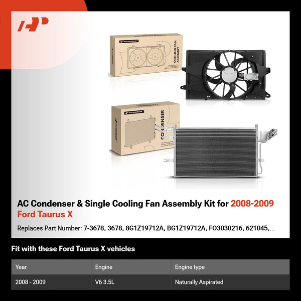 AC Condenser & Single Cooling Fan Assembly Kit for 2008-2009 Ford Taurus X