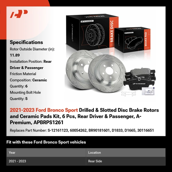 2021-2023 Ford Bronco Sport Drilled & Slotted Disc Brake Rotors and Ceramic Pads Kit, 6 Pcs, Rear Driver & Passenger, A-Premium, APBRPS1261