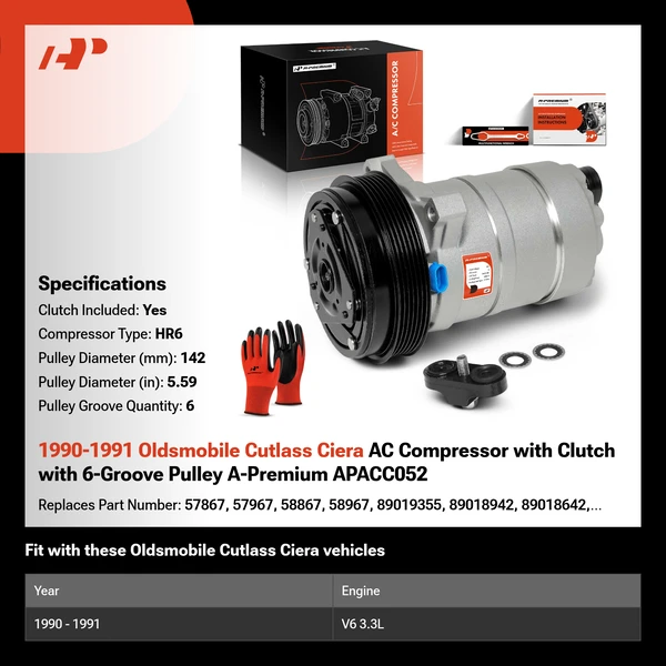 1990-1991 Oldsmobile Cutlass Ciera AC Compressor with Clutch with 6-Groove Pulley A-Premium APACC052