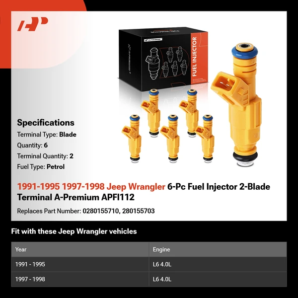 1991-1995 1997-1998 Jeep Wrangler 6-Pc Fuel Injector 2-Blade Terminal A-Premium APFI112