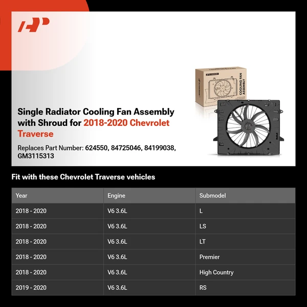 Single Radiator Cooling Fan Assembly with Shroud for 2018-2020 Chevrolet Traverse