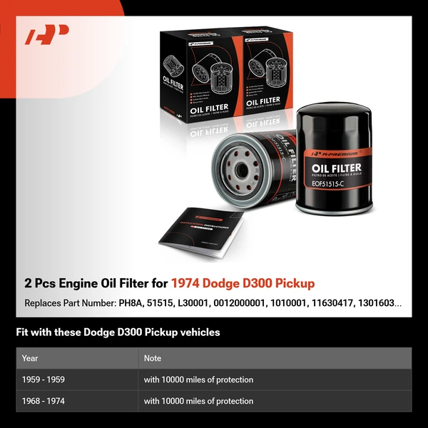 2 Pcs Engine Oil Filter for 1974 Dodge D300 Pickup