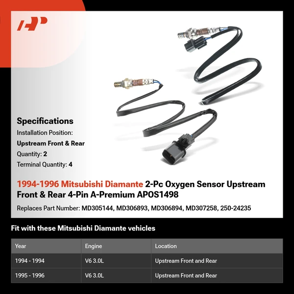 1994-1996 Mitsubishi Diamante 2-Pc Oxygen Sensor Upstream Front & Rear 4-Pin A-Premium APOS1498