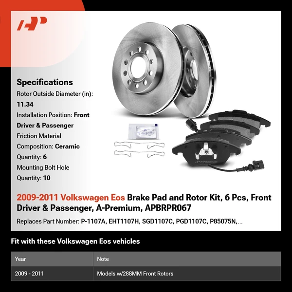 2009-2011 Volkswagen Eos Brake Pad and Rotor Kit, 6 Pcs, Front Driver & Passenger, A-Premium, APBRPR067