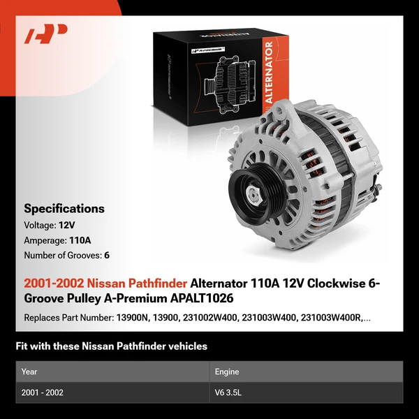 2001-2002 Nissan Pathfinder Alternator 110A 12V Clockwise 6-Groove Pulley A-Premium APALT1026