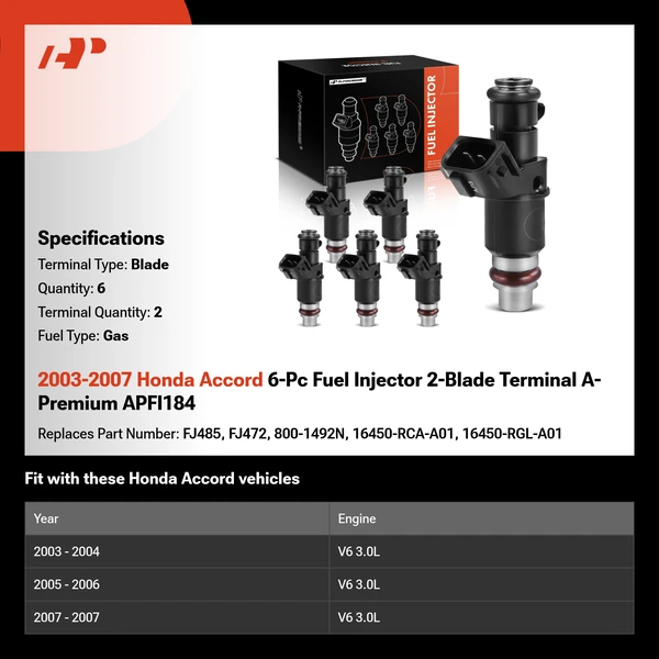 2003-2007 Honda Accord 6-Pc Fuel Injector 2-Blade Terminal A-Premium APFI184