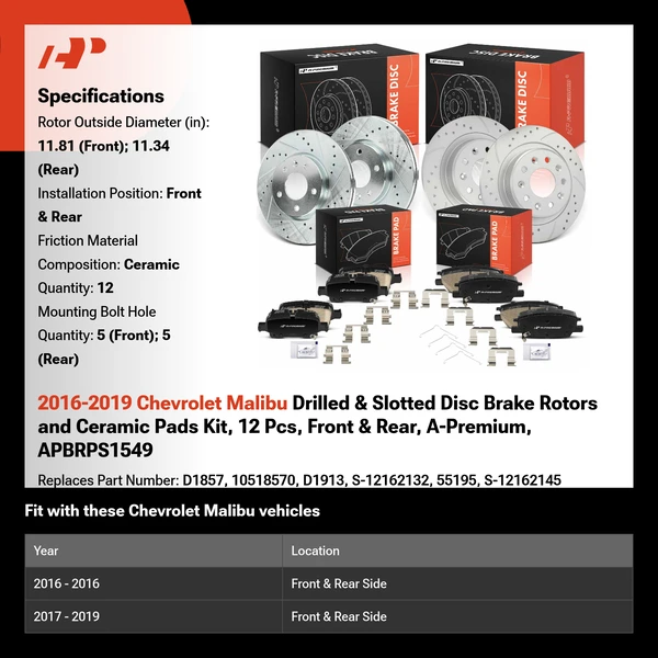 2016-2019 Chevrolet Malibu Drilled & Slotted Disc Brake Rotors and Ceramic Pads Kit, 12 Pcs, Front & Rear, A-Premium, APBRPS1549