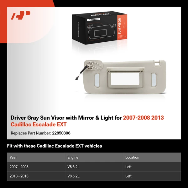 Driver Gray Sun Visor with Mirror & Light for 2007-2008 2013 Cadillac Escalade EXT