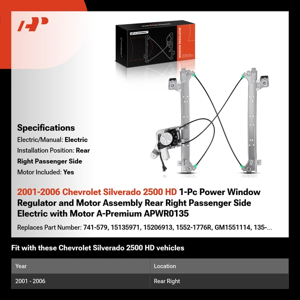 2001-2006 Chevrolet Silverado 2500 HD 1-Pc Power Window Regulator and Motor Assembly Rear Right Passenger Side Electric with Motor A-Premium APWR0135