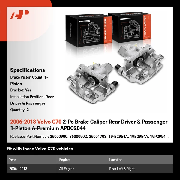 2006-2013 Volvo C70 2-Pc Brake Caliper Rear Driver & Passenger 1-Piston A-Premium APBC2044