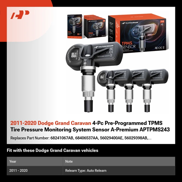 2011-2020 Dodge Grand Caravan 4-Pc Pre-Programmed TPMS Tire Pressure Monitoring System Sensor A-Premium APTPMS243
