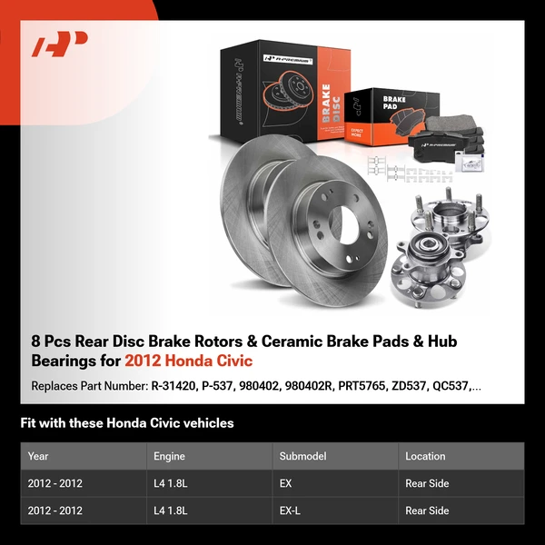 8 Pcs Rear Disc Brake Rotors & Ceramic Brake Pads & Hub Bearings for 2012 Honda Civic