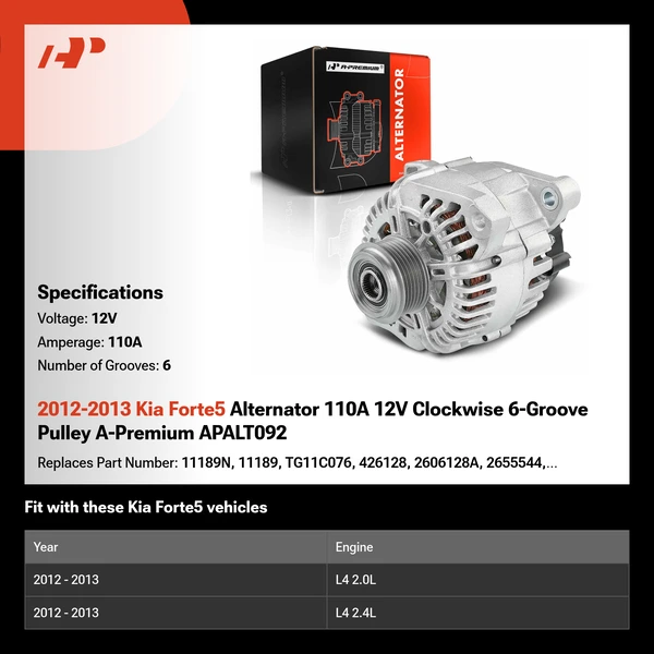 2012-2013 Kia Forte5 Alternator 110A 12V Clockwise 6-Groove Pulley A-Premium APALT092