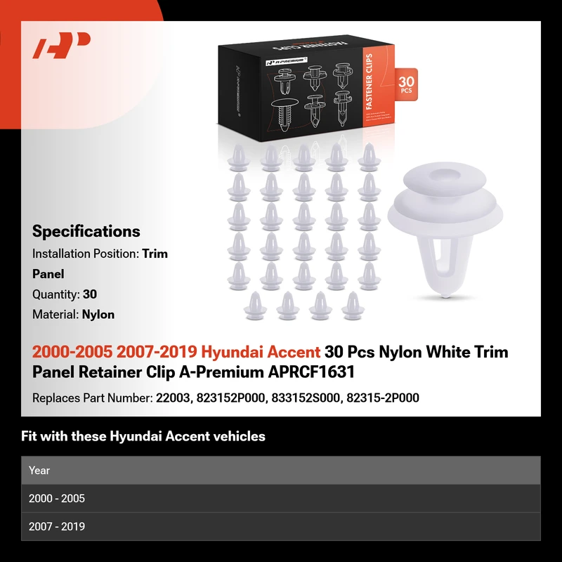2000-2005 2007-2019 Hyundai Accent 30 Pcs Nylon White Trim Panel Retainer Clip A-Premium APRCF1631