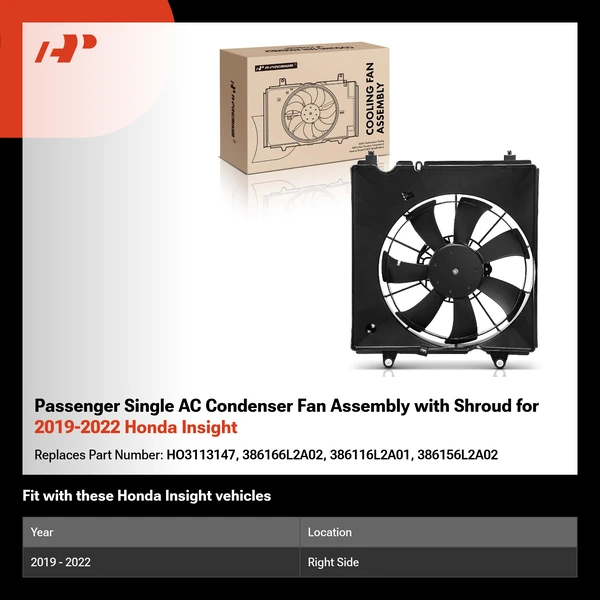 Passenger Single AC Condenser Fan Assembly with Shroud for 2019-2022 Honda Insight