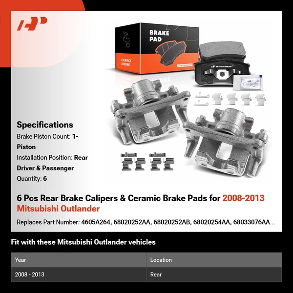 6 Pcs Rear Brake Calipers & Ceramic Brake Pads for 2008-2013 Mitsubishi Outlander