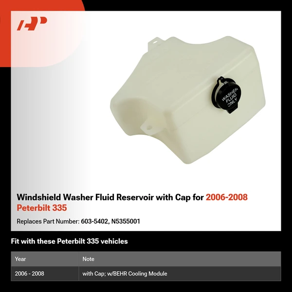 Windshield Washer Fluid Reservoir with Cap for 2006-2008 Peterbilt 335