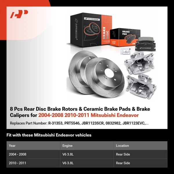 8 Pcs Rear Disc Brake Rotors & Ceramic Brake Pads & Brake Calipers for 2004-2008 2010-2011 Mitsubishi Endeavor