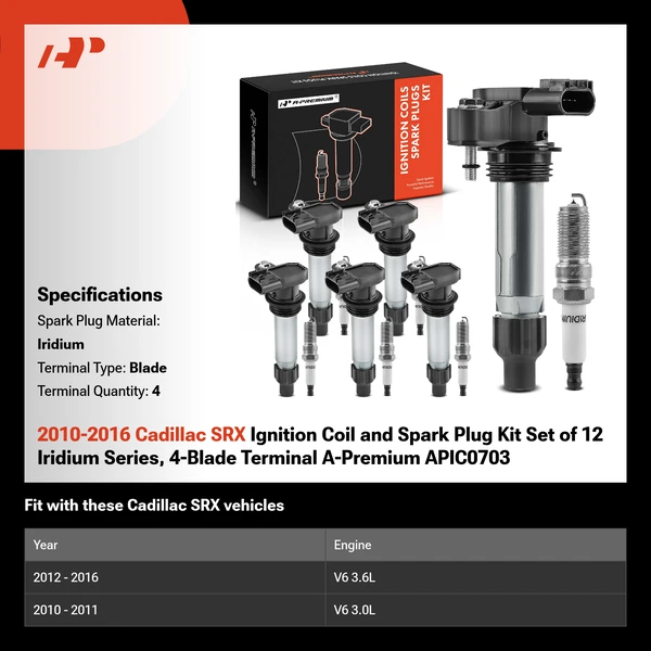 2010-2016 Cadillac SRX Ignition Coil and Spark Plug Kit Set of 12 Iridium Series, 4-Blade Terminal A-Premium APIC0703