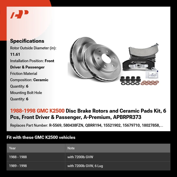 1988-1998 GMC K2500 Disc Brake Rotors and Ceramic Pads Kit, 6 Pcs, Front Driver & Passenger, A-Premium, APBRPR373