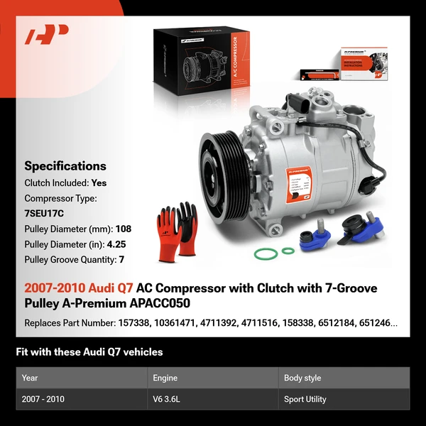 2007-2010 Audi Q7 AC Compressor with Clutch with 7-Groove Pulley A-Premium APACC050