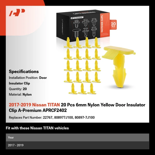2017-2019 Nissan TITAN 20 Pcs 6mm Nylon Yellow Door Insulator Clip A-Premium APRCF2402
